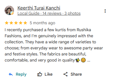 Google Review by Sneha Verma - 5 Stars for Rushika Fashions