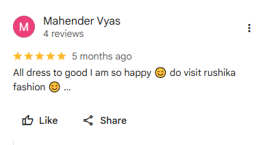Google Review by Meera Patel - 5 Stars for Rushika Fashions
